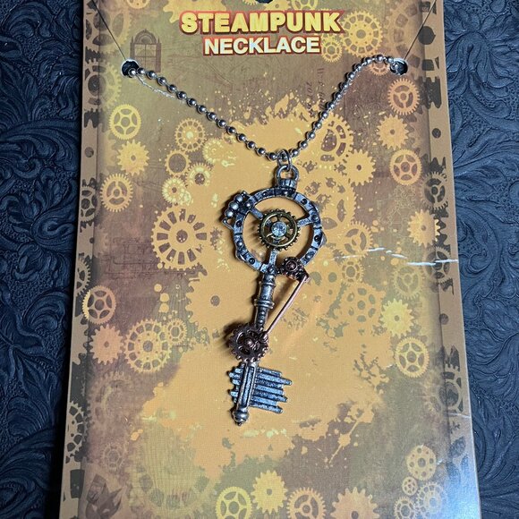 Steampunk Skeleton Key Gear Pendant Necklace - Picture 4 of 5